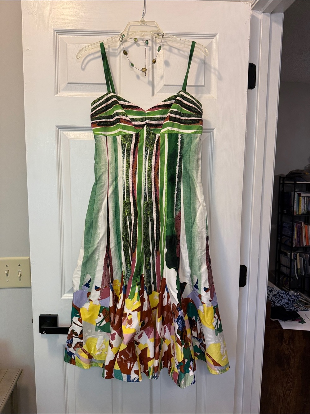 Suzi Chin for Maggy Boutique Green Striped & Multicolor Floral Midi Dress